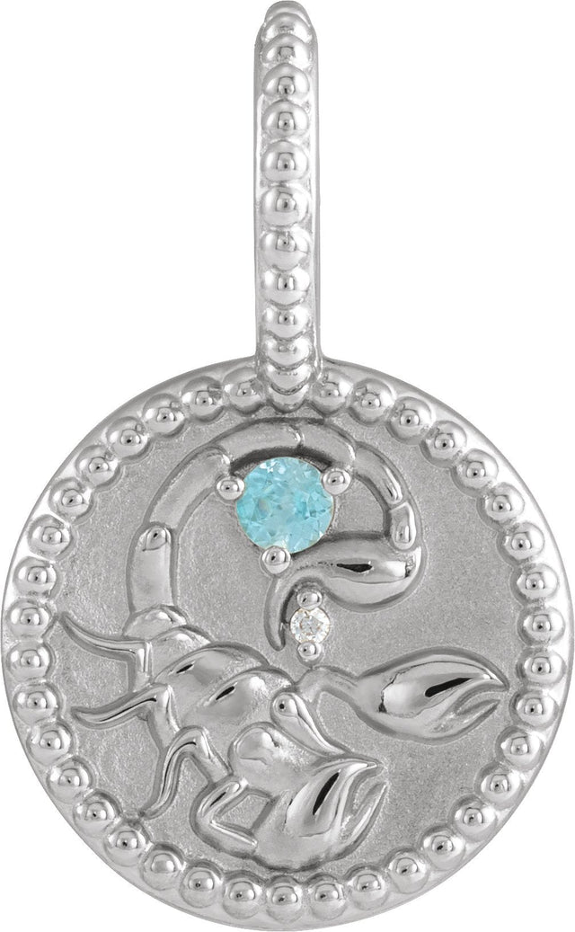 14K Gold Round Natural Blue Zircon & Natural Diamond Zodiac Pendant - White Gold