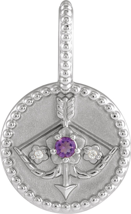 Platinum Round Natural Amethyst & Natural Diamond Zodiac Pendant