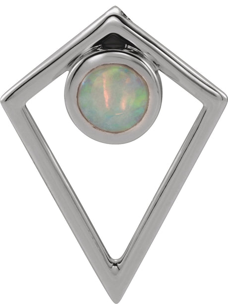 14K Gold Round Natural White Opal Cabochon Pyramid Necklace or Pendant - White Gold