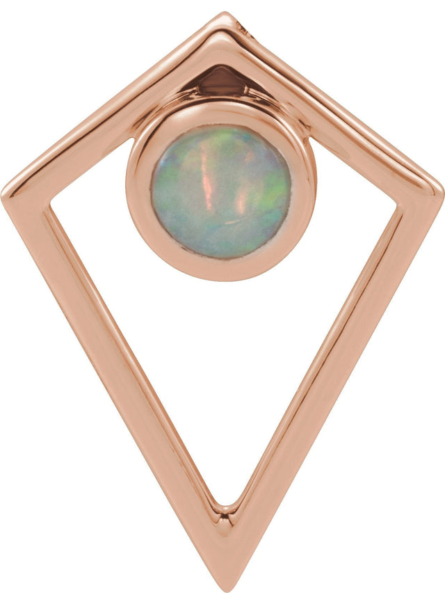 14K Gold Round Natural White Opal Cabochon Pyramid Necklace or Pendant - Rose Gold