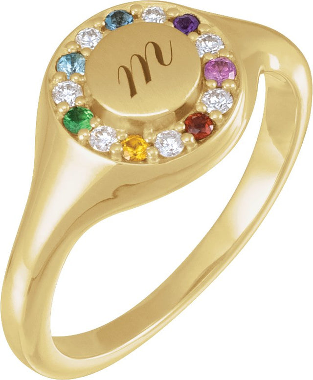 14K Gold Round Natural Diamond Halo-Style Signet Ring - Yellow Gold