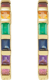 14K Gold Straight Baguette Natural Multi-Gemstone Hoop Earrings - Yellow Gold - view 2