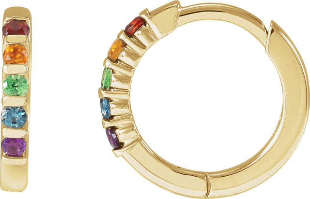 14K Gold Round Natural Multi-Gemstone Rainbow Huggie Earrings - Yellow Gold