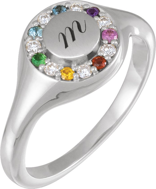 14K Gold Round Natural Diamond Halo-Style Signet Ring - White Gold
