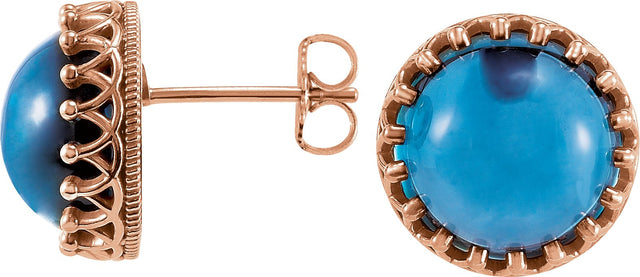 14K Gold Natural London Blue Topaz Round Cabochon Crown Earrings