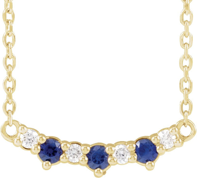 14K Gold Round Lab-Grown Blue Sapphire & Natural Diamond Accented Bar Necklace - Yellow Gold