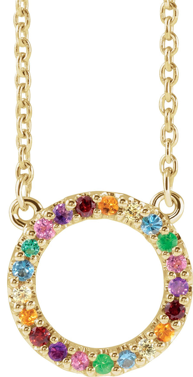 14K Gold Round Natural Multi-Gemstone Rainbow Circle Necklace - Yellow Gold