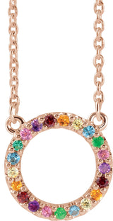 14K Gold Round Natural Multi-Gemstone Rainbow Circle Necklace - Rose Gold
