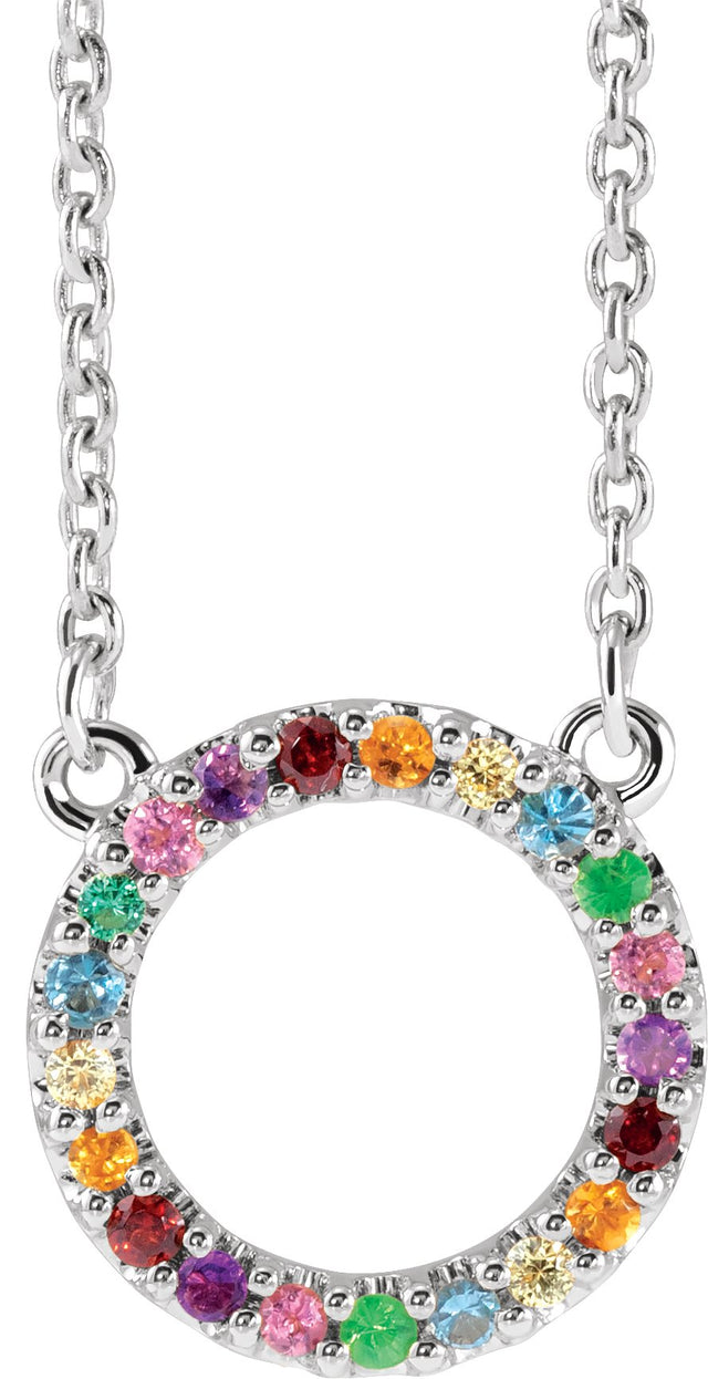 14K Gold Round Natural Multi-Gemstone Rainbow Circle Necklace - White Gold