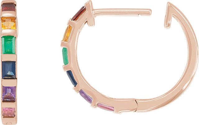 14K Gold Straight Baguette Natural Multi-Gemstone Hoop Earrings - Rose Gold - view 3
