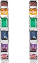 14K Gold Straight Baguette Natural Multi-Gemstone Hoop Earrings - White Gold - view 2
