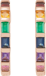 14K Gold Straight Baguette Natural Multi-Gemstone Hoop Earrings - Rose Gold - view 2