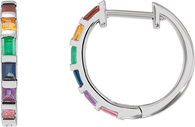 14K Gold Straight Baguette Natural Multi-Gemstone Hoop Earrings - White Gold