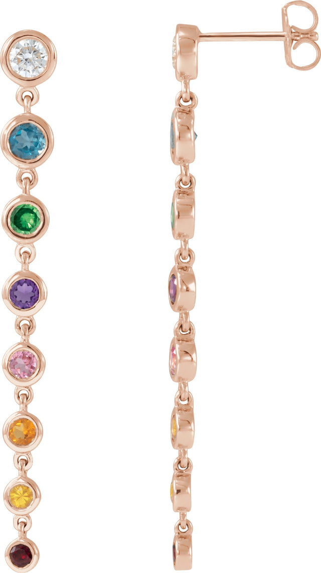 14K Gold Round Natural Diamond Rainbow Dangle Earrings - Rose Gold