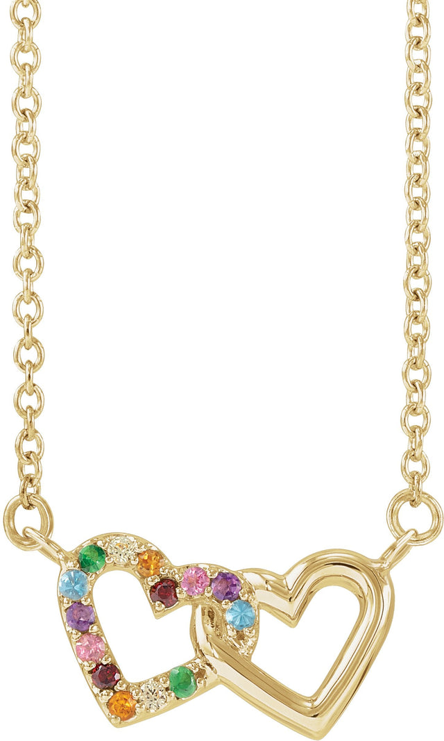 14K Gold Round Natural Multi-Gemstone Rainbow Double Heart Necklace - Yellow Gold