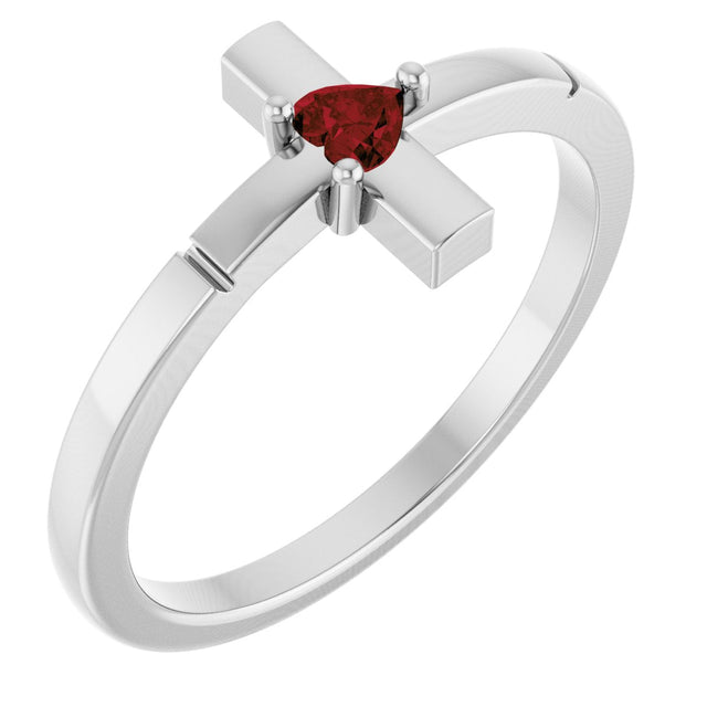 14K Gold Natural Mozambique Garnet Accented Heart Cross Ring - White Gold