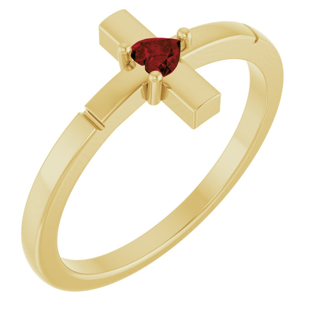 14K Gold Natural Mozambique Garnet Accented Heart Cross Ring - Yellow Gold