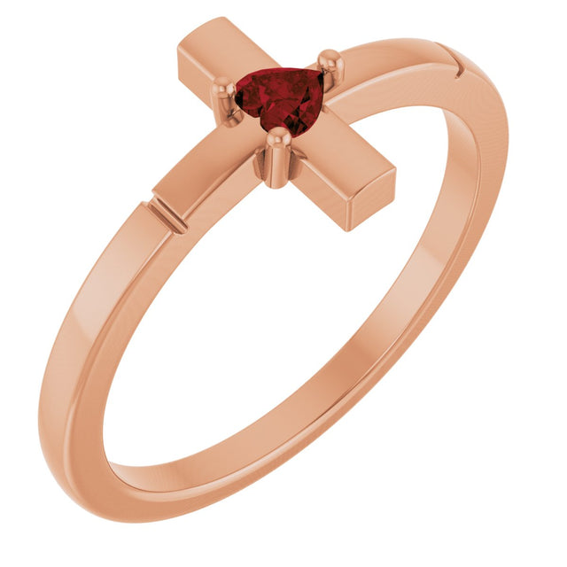 14K Gold Natural Mozambique Garnet Accented Heart Cross Ring - Rose Gold