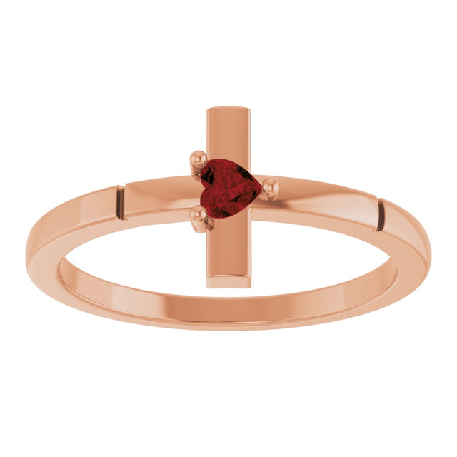 14K Gold Natural Mozambique Garnet Accented Heart Cross Ring - Rose Gold - view 3