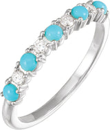 14K Gold Round Natural Turquoise & Natural Diamond Accented Cabochon Ring – 2.5mm Stones - White Gold