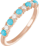 14K Gold Round Natural Turquoise & Natural Diamond Accented Cabochon Ring – 2.5mm Stones - Rose Gold