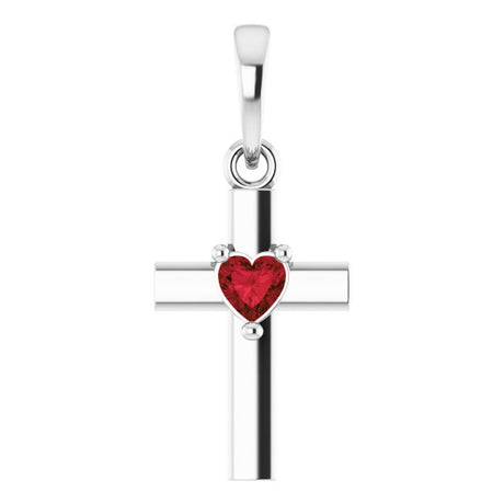 14K Gold Natural Mozambique Garnet Heart Cross Necklace or Pendant - White Gold