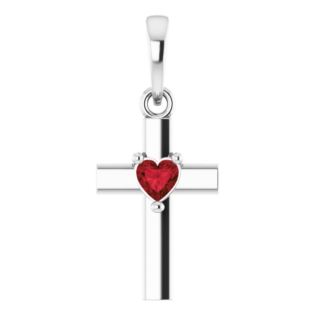 14K Gold Natural Mozambique Garnet Heart Cross Necklace or Pendant - White Gold