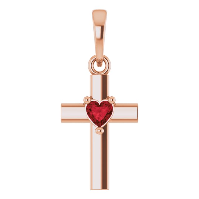 14K Gold Natural Mozambique Garnet Heart Cross Necklace or Pendant - Rose Gold