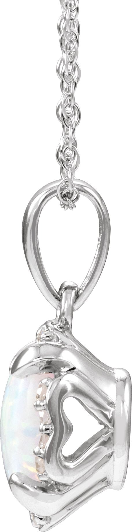 14K Gold Cushion Lab-Grown White Opal & Natural Diamond Halo-Style Birthstone Necklace - view 2