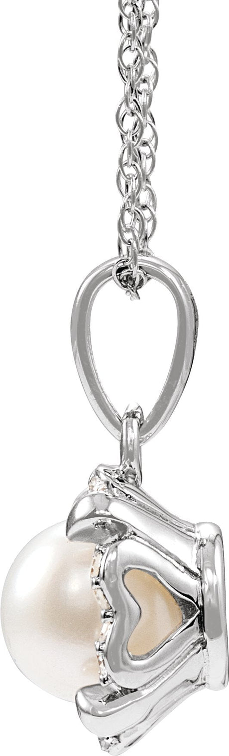 14K Gold Pearl Cultured White Freshwater Pearl & Natural Diamond Halo-Style Birthstone Necklace – 0.05 CTW - view 2