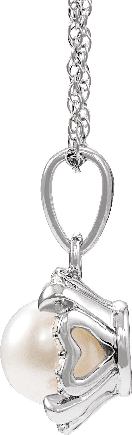 14K Gold Pearl Cultured White Freshwater Pearl & Natural Diamond Halo-Style Birthstone Necklace – 0.05 CTW - view 2
