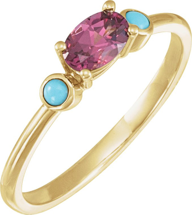 14K Gold Natural Rhodolite Garnet & Natural Turquoise Oval 4-Prong Accented Ring - Yellow Gold