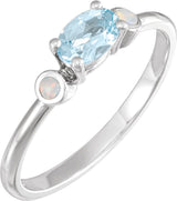 14K Gold Natural Sky Blue Topaz & Natural White Opal Oval 4-Prong Accented Ring - White Gold