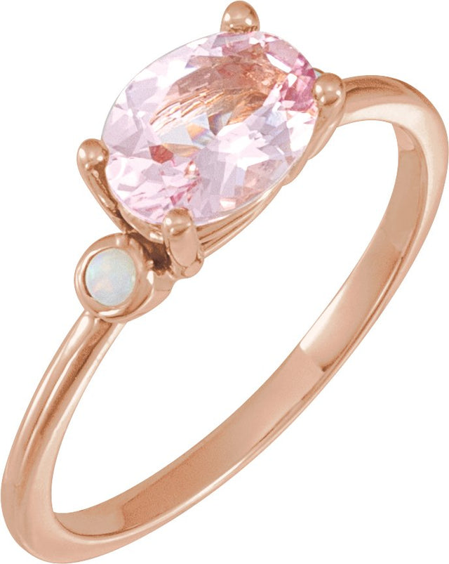 14K Gold Natural Pink Morganite & Natural White Opal Oval 4-Prong Accented Ring - Rose Gold