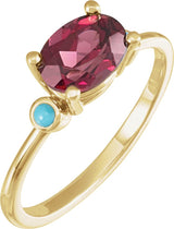 14K Gold Natural Rhodolite Garnet & Natural Turquoise Oval 4-Prong Accented Ring - Yellow Gold