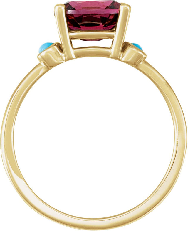 14K Gold Natural Rhodolite Garnet & Natural Turquoise Oval 4-Prong Accented Ring - Yellow Gold - view 2
