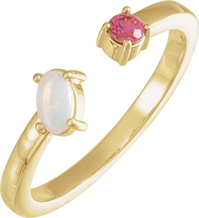 14K Gold Oval Natural White Opal & Natural Pink Tourmaline Two-Stone Negative Space Ring - Yellow Gold