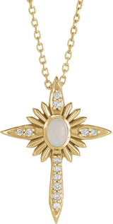 14K Gold Oval Natural White Opal & Natural Diamond Accented Nativity Cross Necklace or Pendant - Yellow Gold