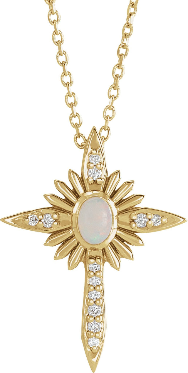 14K Gold Oval Natural White Opal & Natural Diamond Accented Nativity Cross Necklace or Pendant - Yellow Gold