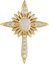 14K Gold Oval Natural White Opal & Natural Diamond Accented Nativity Cross Necklace or Pendant - Yellow Gold