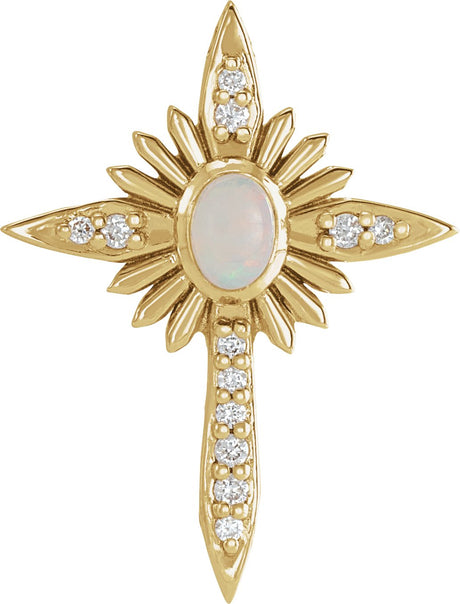14K Gold Oval Natural White Opal & Natural Diamond Accented Nativity Cross Necklace or Pendant - Yellow Gold