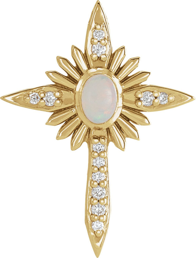 14K Gold Oval Natural White Opal & Natural Diamond Accented Nativity Cross Necklace or Pendant - Yellow Gold