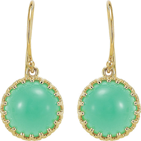 14K Gold Round Natural Green Chrysoprase Cabochon Crown Earrings - view 2