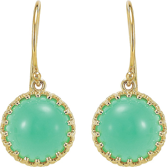 14K Gold Round Natural Green Chrysoprase Cabochon Crown Earrings - view 2