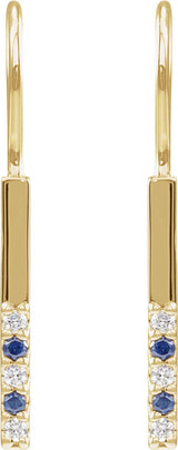 14K Gold Round Natural Blue Sapphire & Natural Diamond Accented Bar Earrings - Yellow Gold - view 2