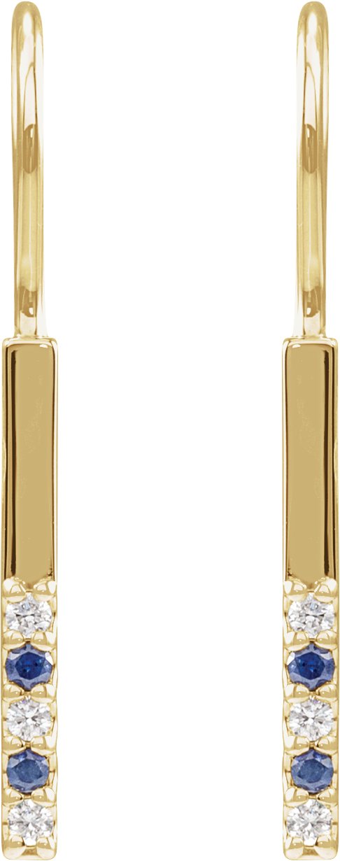 14K Gold Round Natural Blue Sapphire & Natural Diamond Accented Bar Earrings - Yellow Gold - view 2