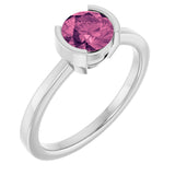 14K Gold Round Natural Pink Tourmaline Half-Bezel Ring - White Gold
