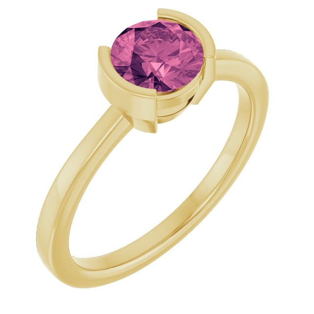 14K Gold Round Natural Pink Tourmaline Half-Bezel Ring - Yellow Gold