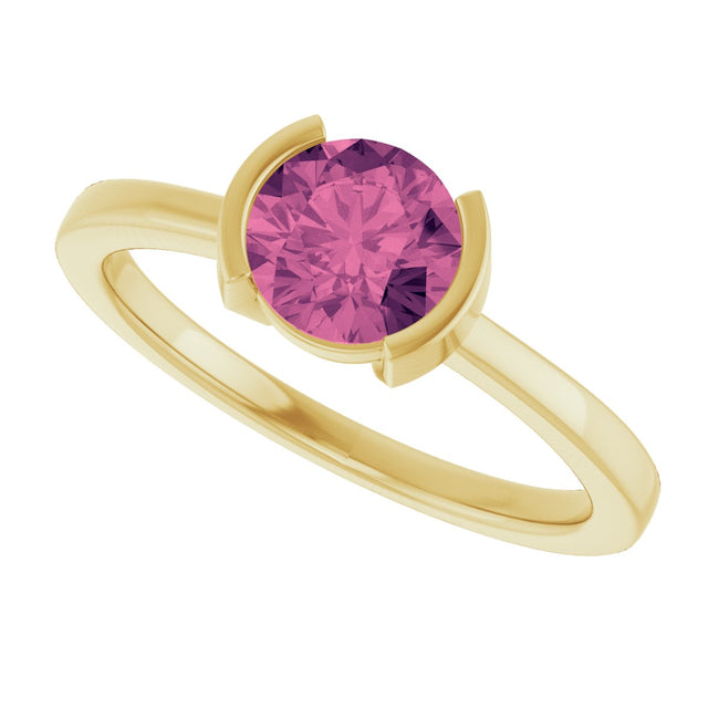 14K Gold Round Natural Pink Tourmaline Half-Bezel Ring - Yellow Gold - view 5