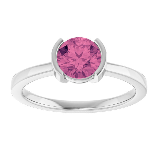 14K Gold Round Natural Pink Tourmaline Half-Bezel Ring - White Gold - view 3